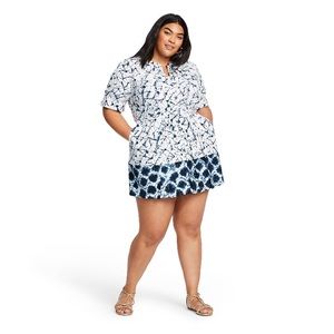 Shibori Print Elbow Sleeve Mini Shirtdress Thakoon